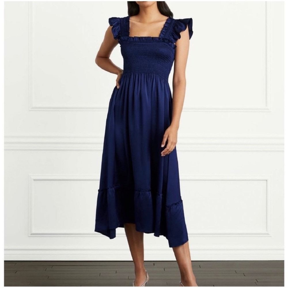 Hill House Blue Pleated Midi Sundress with Flutter Cap Sleeves